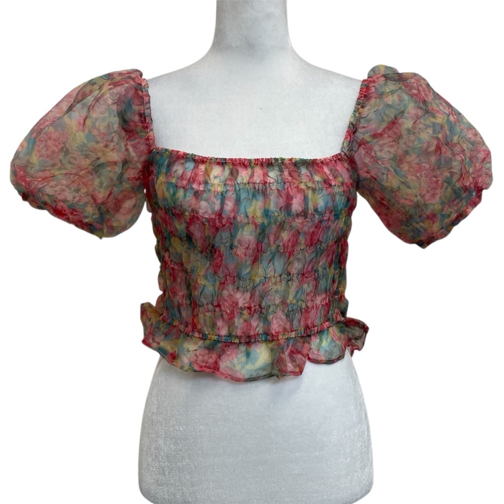 Oscar Street Pink Floral Puff Sleeve Smocked Crop Blouse